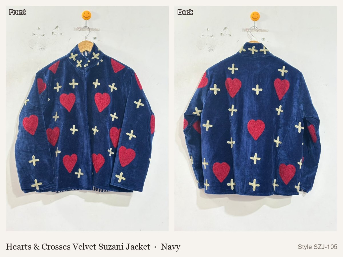 Hearts & Crosses Velvet Suzani Jacket in Navy, front and back