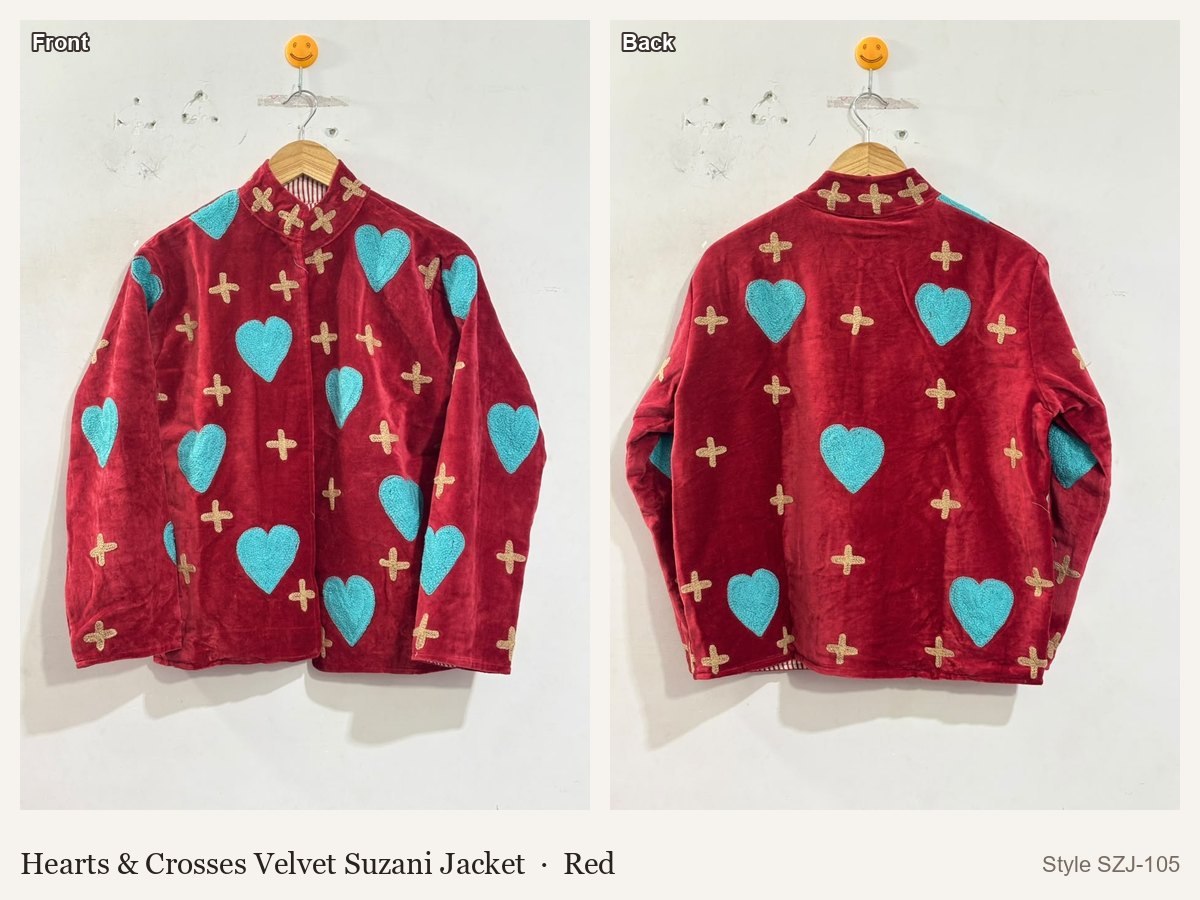 Hearts & Crosses Velvet Suzani Jacket in Red, front and back