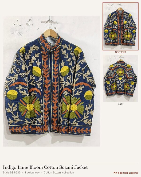 Indigo Lime Bloom Cotton Suzani Jacket, style SZJ-213, shown in 1 colourways