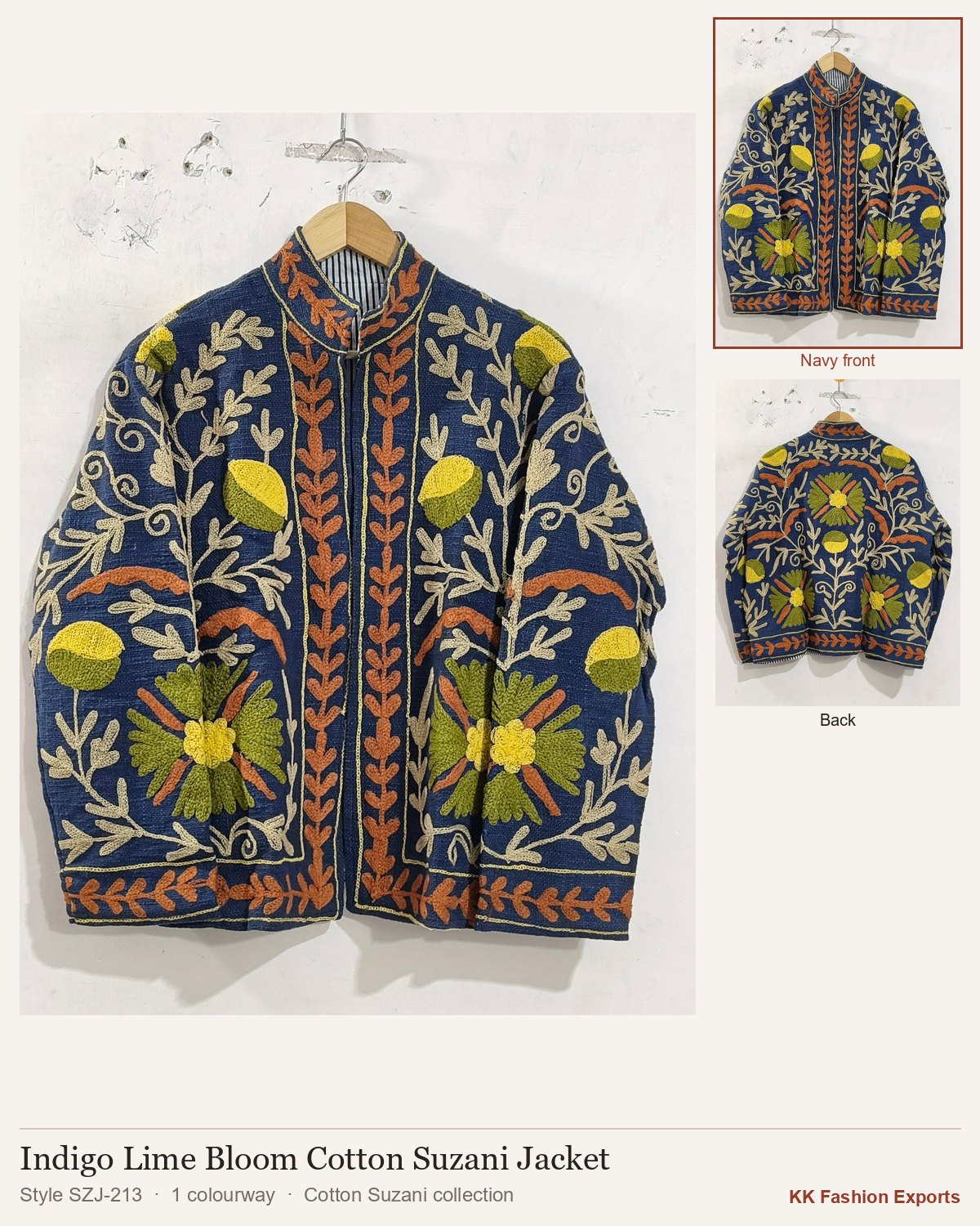 Indigo Lime Bloom Cotton Suzani Jacket, style SZJ-213, shown in 1 colourways