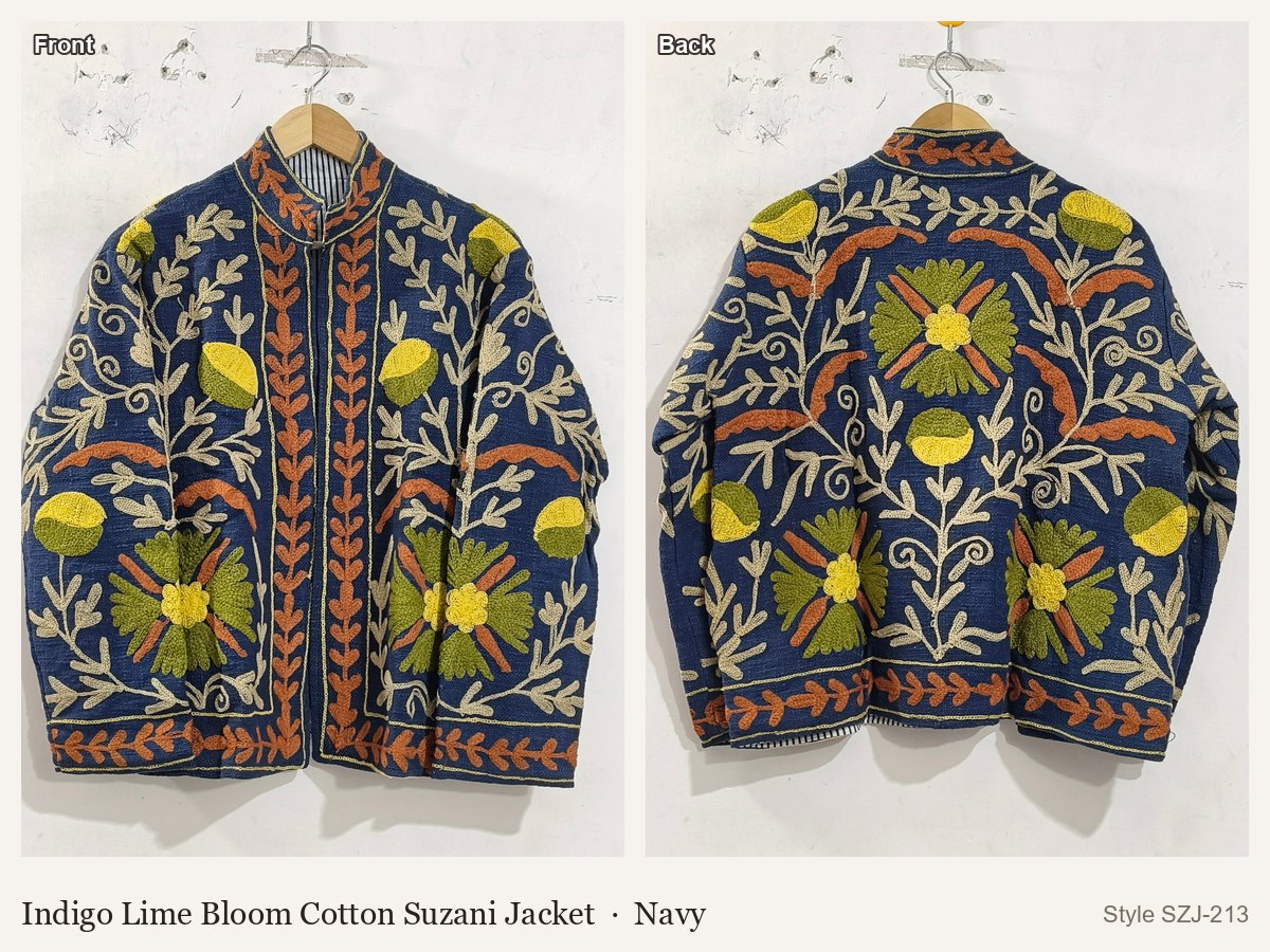 Indigo Lime Bloom Cotton Suzani Jacket in Navy, front and back