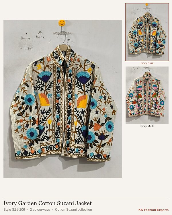 Ivory Garden Cotton Suzani Jacket, style SZJ-206, shown in 2 colourways