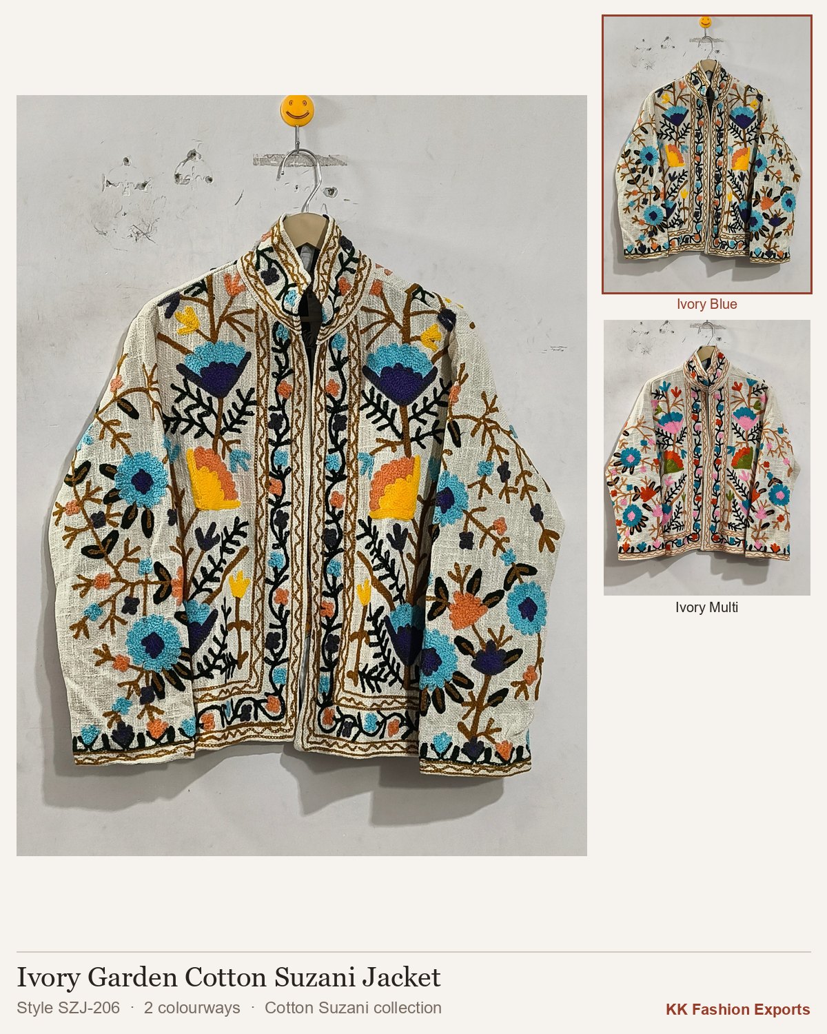 Ivory Garden Cotton Suzani Jacket, style SZJ-206, shown in 2 colourways