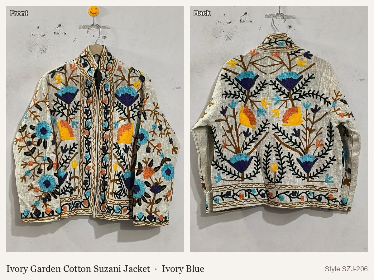 Ivory Garden Cotton Suzani Jacket in Ivory Blue, front and back