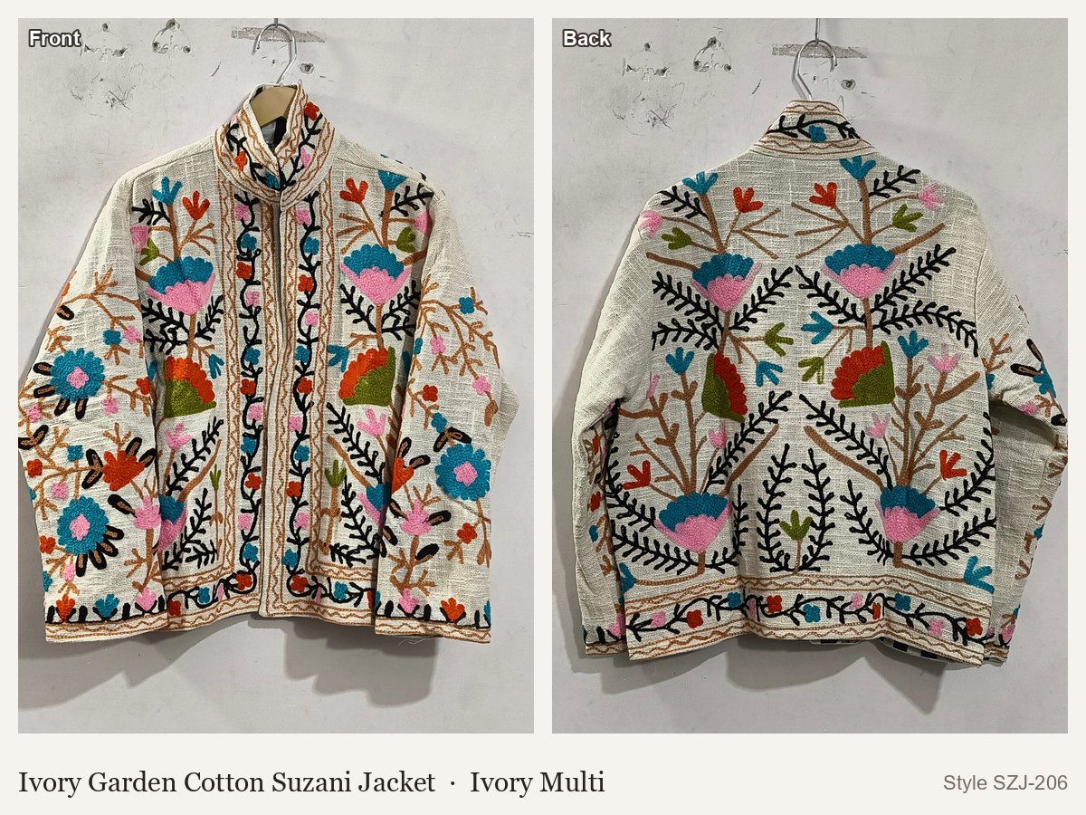 Ivory Garden Cotton Suzani Jacket in Ivory Multi, front and back