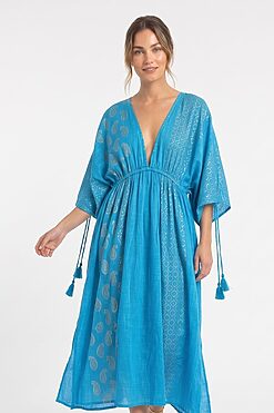 Paisley-print kaftan with tassel ties, made to order by KK Fashion Exports in Noida, India