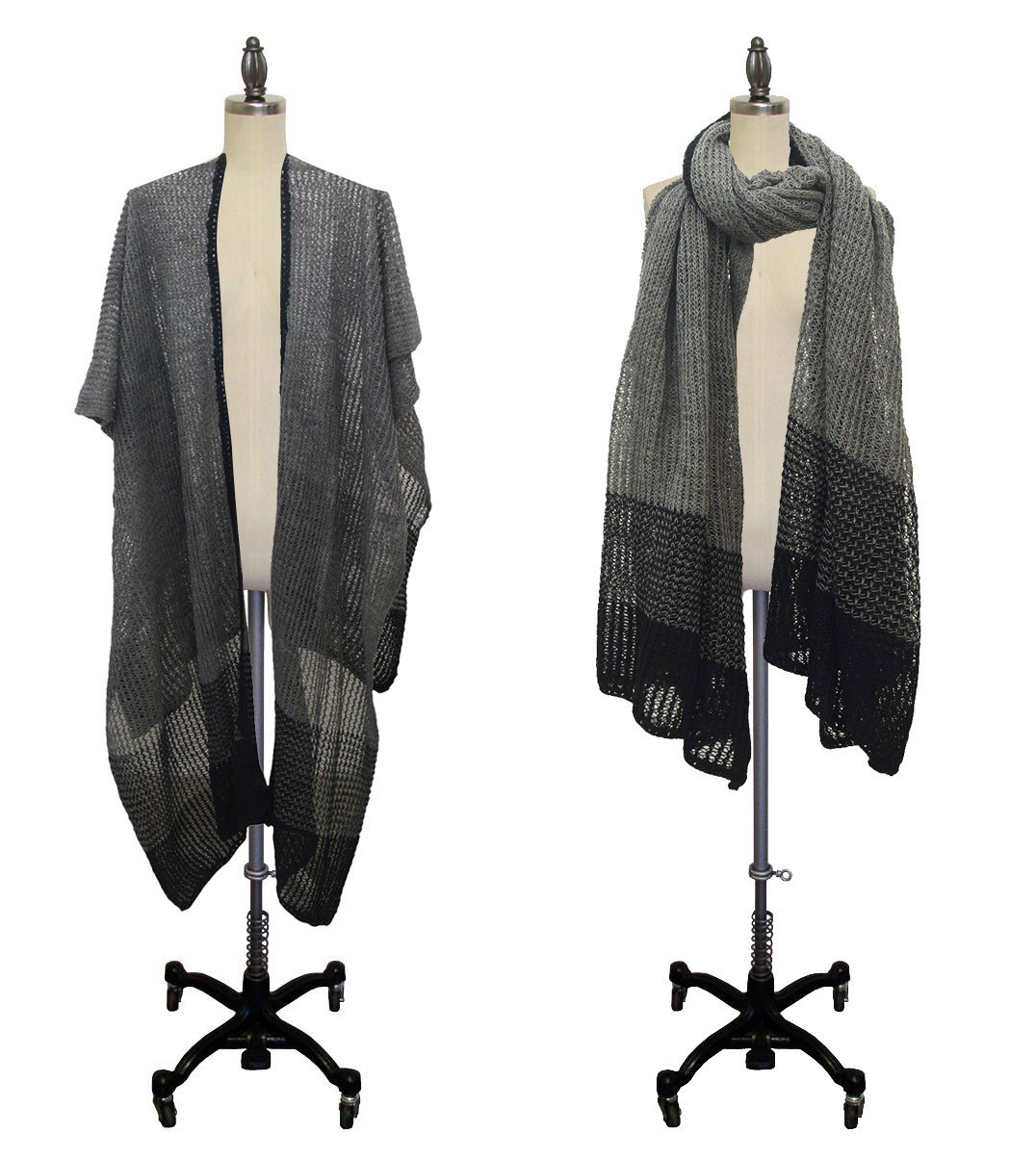 Grey and black knitted open-front poncho on dress forms