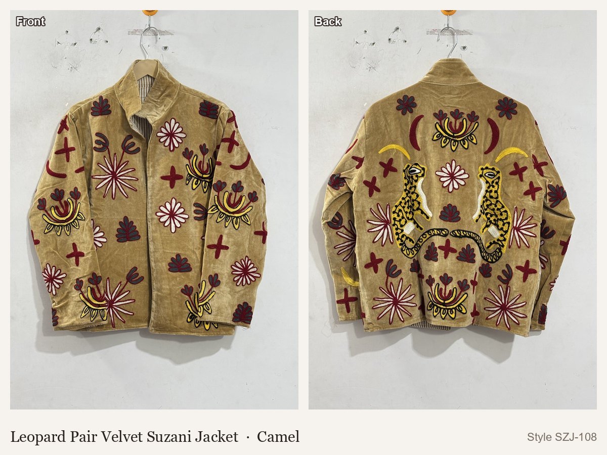 Leopard Pair Velvet Suzani Jacket in Camel, front and back