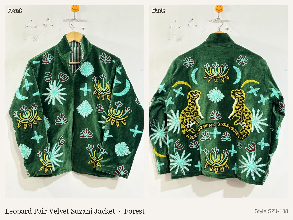 Leopard Pair Velvet Suzani Jacket in Forest, front and back