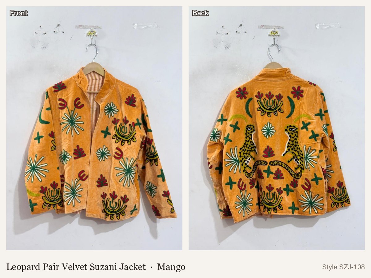 Leopard Pair Velvet Suzani Jacket in Mango, front and back