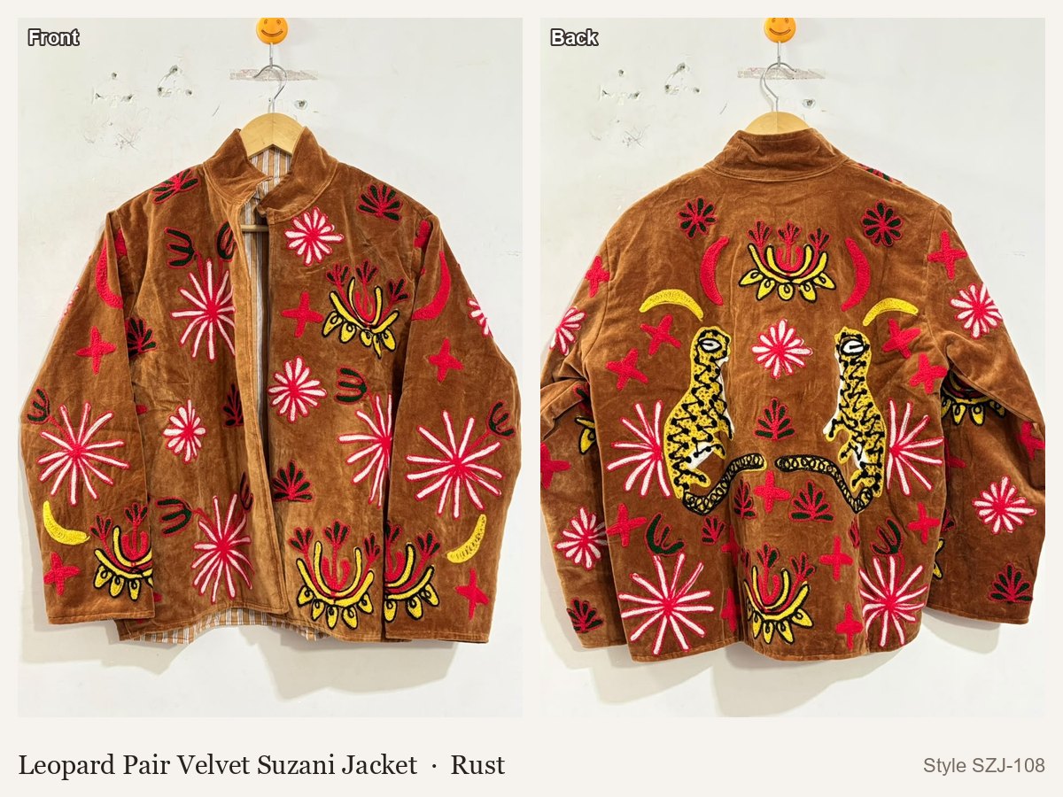 Leopard Pair Velvet Suzani Jacket in Rust, front and back