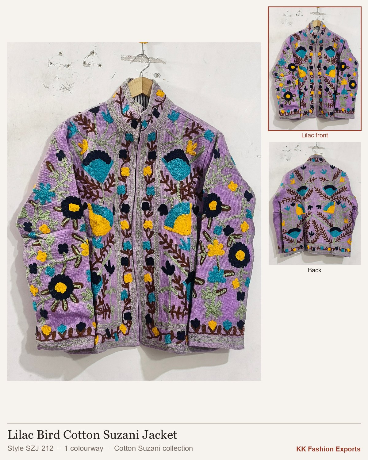 Lilac Bird Cotton Suzani Jacket, style SZJ-212, shown in 1 colourways