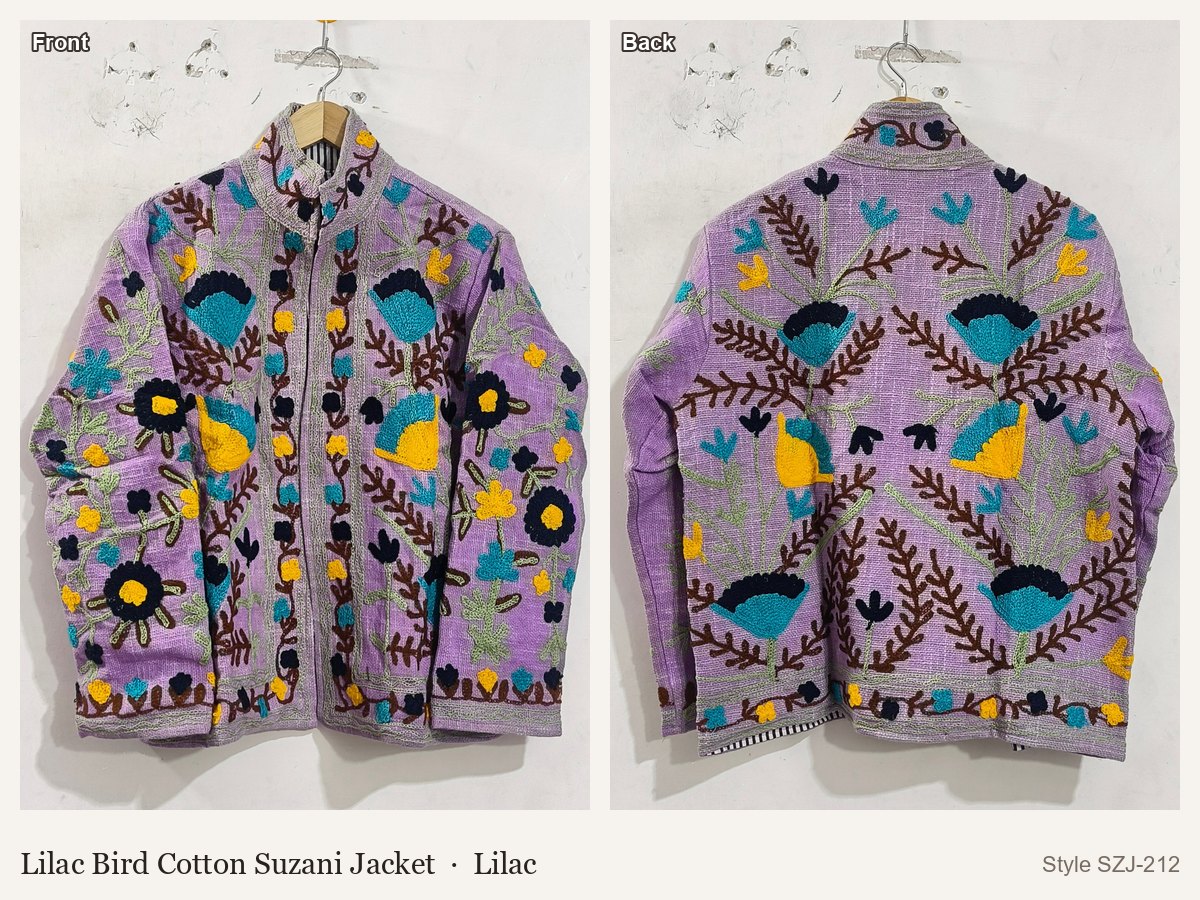 Lilac Bird Cotton Suzani Jacket in Lilac, front and back