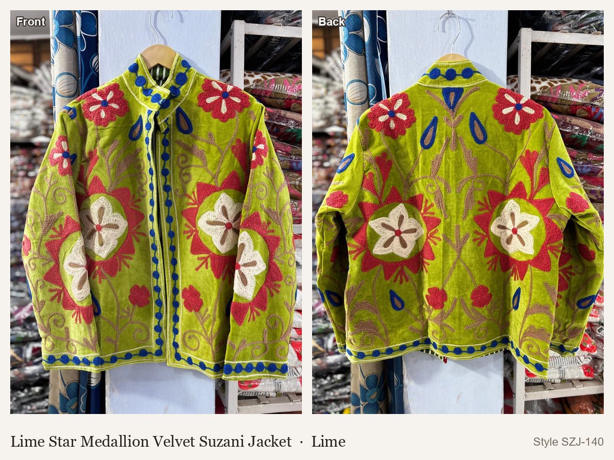 Lime Star Medallion Velvet Suzani Jacket in Lime, front and back
