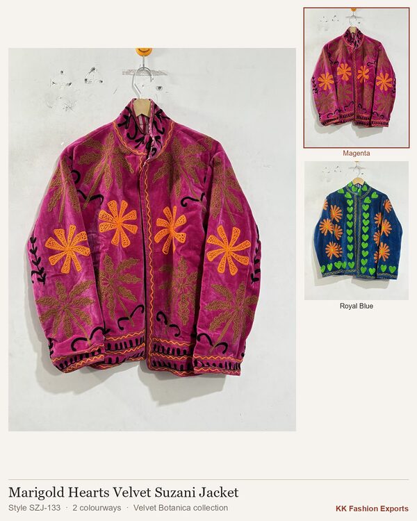 Marigold Hearts Velvet Suzani Jacket, style SZJ-133, shown in 2 colourways