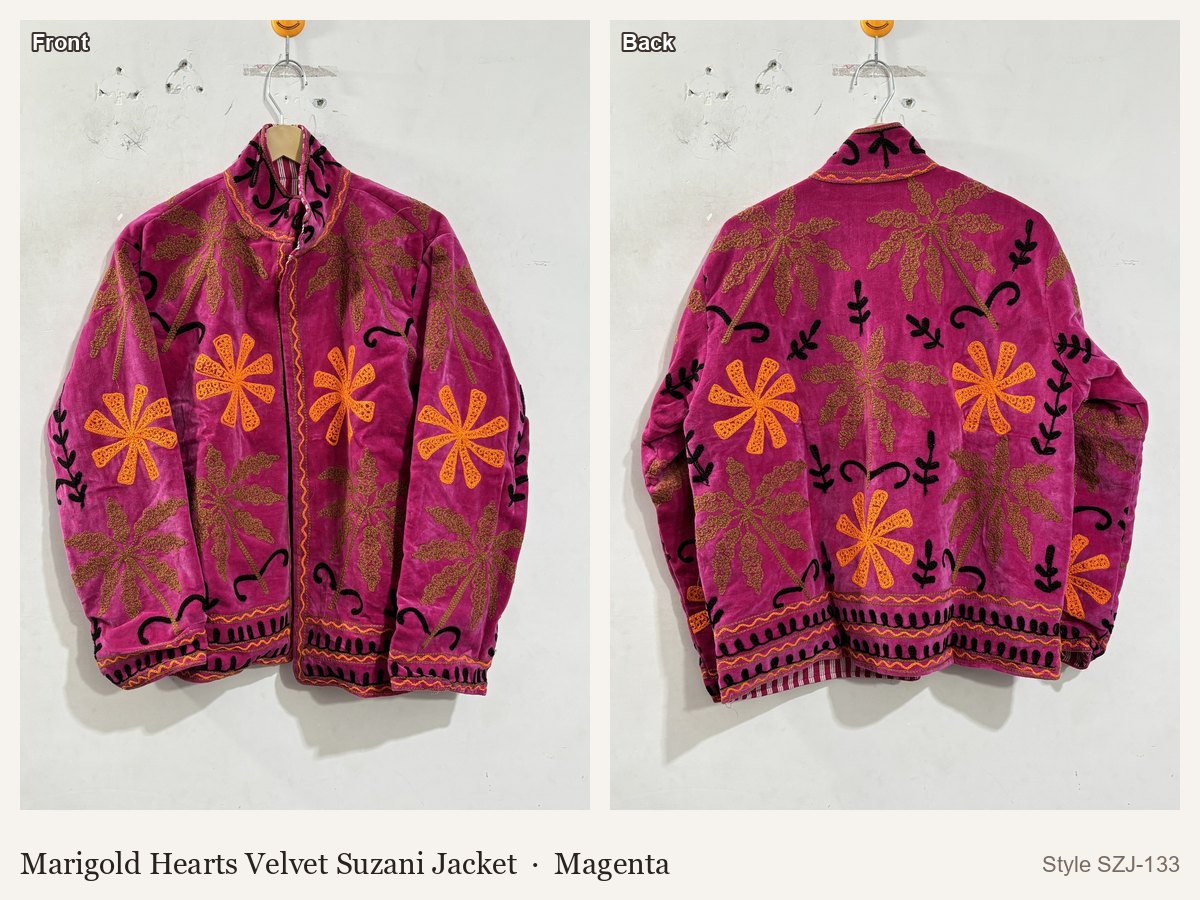 Marigold Hearts Velvet Suzani Jacket in Magenta, front and back