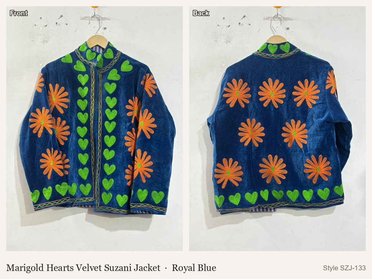 Marigold Hearts Velvet Suzani Jacket in Royal Blue, front and back