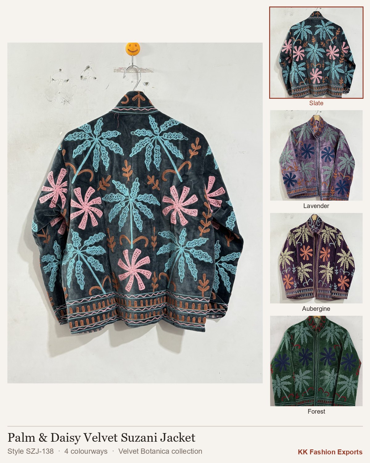 Palm & Daisy Velvet Suzani Jacket, style SZJ-138, shown in 4 colourways