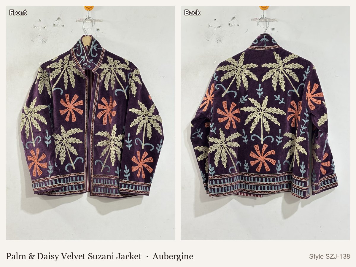 Palm & Daisy Velvet Suzani Jacket in Aubergine, front and back