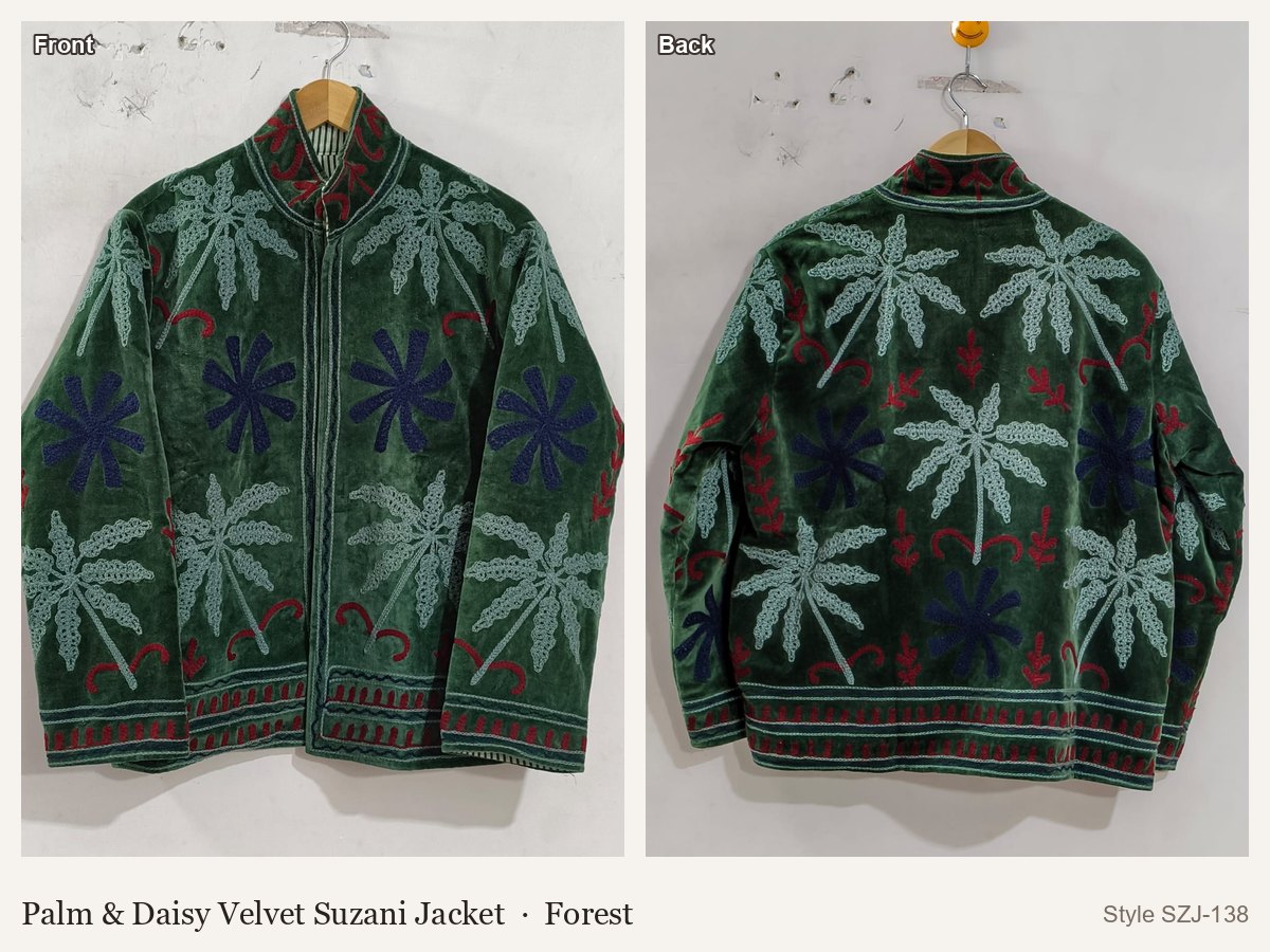 Palm & Daisy Velvet Suzani Jacket in Forest, front and back