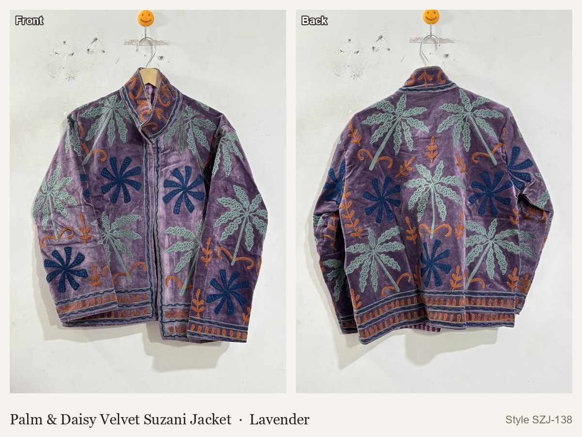 Palm & Daisy Velvet Suzani Jacket in Lavender, front and back