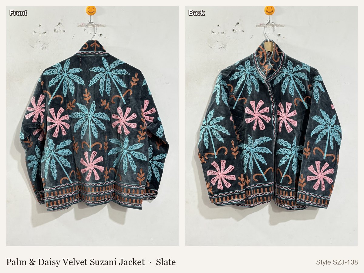 Palm & Daisy Velvet Suzani Jacket in Slate, front and back