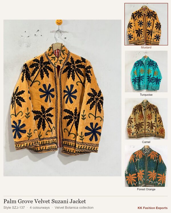 Palm Grove Velvet Suzani Jacket, style SZJ-137, shown in 4 colourways