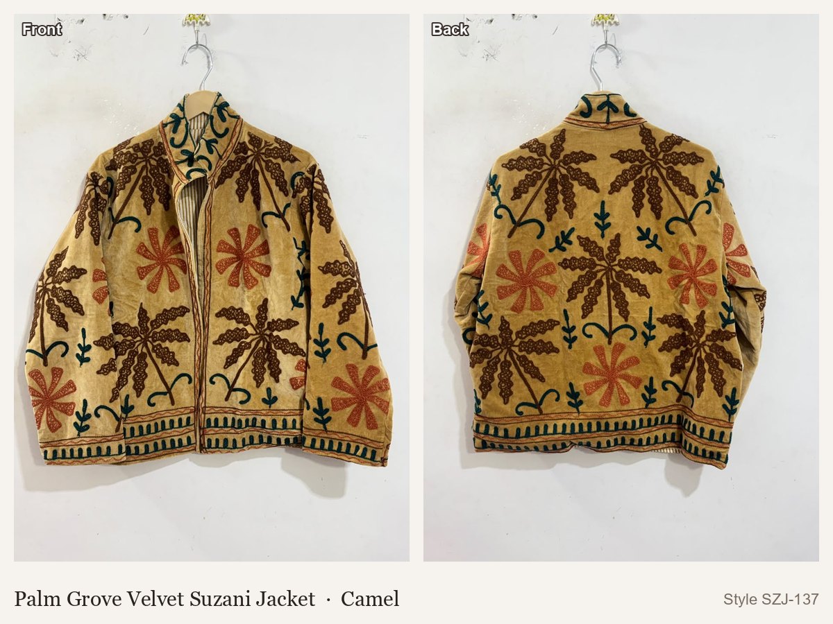 Palm Grove Velvet Suzani Jacket in Camel, front and back