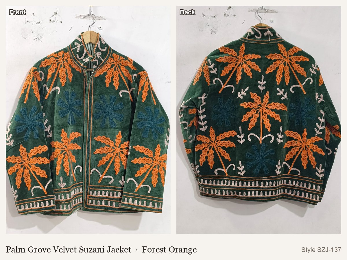 Palm Grove Velvet Suzani Jacket in Forest Orange, front and back