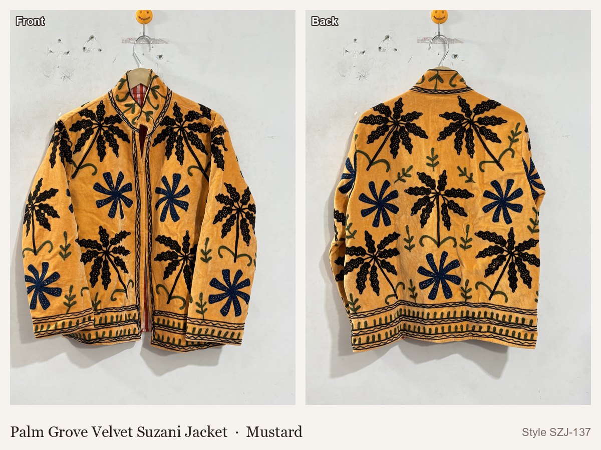 Palm Grove Velvet Suzani Jacket in Mustard, front and back