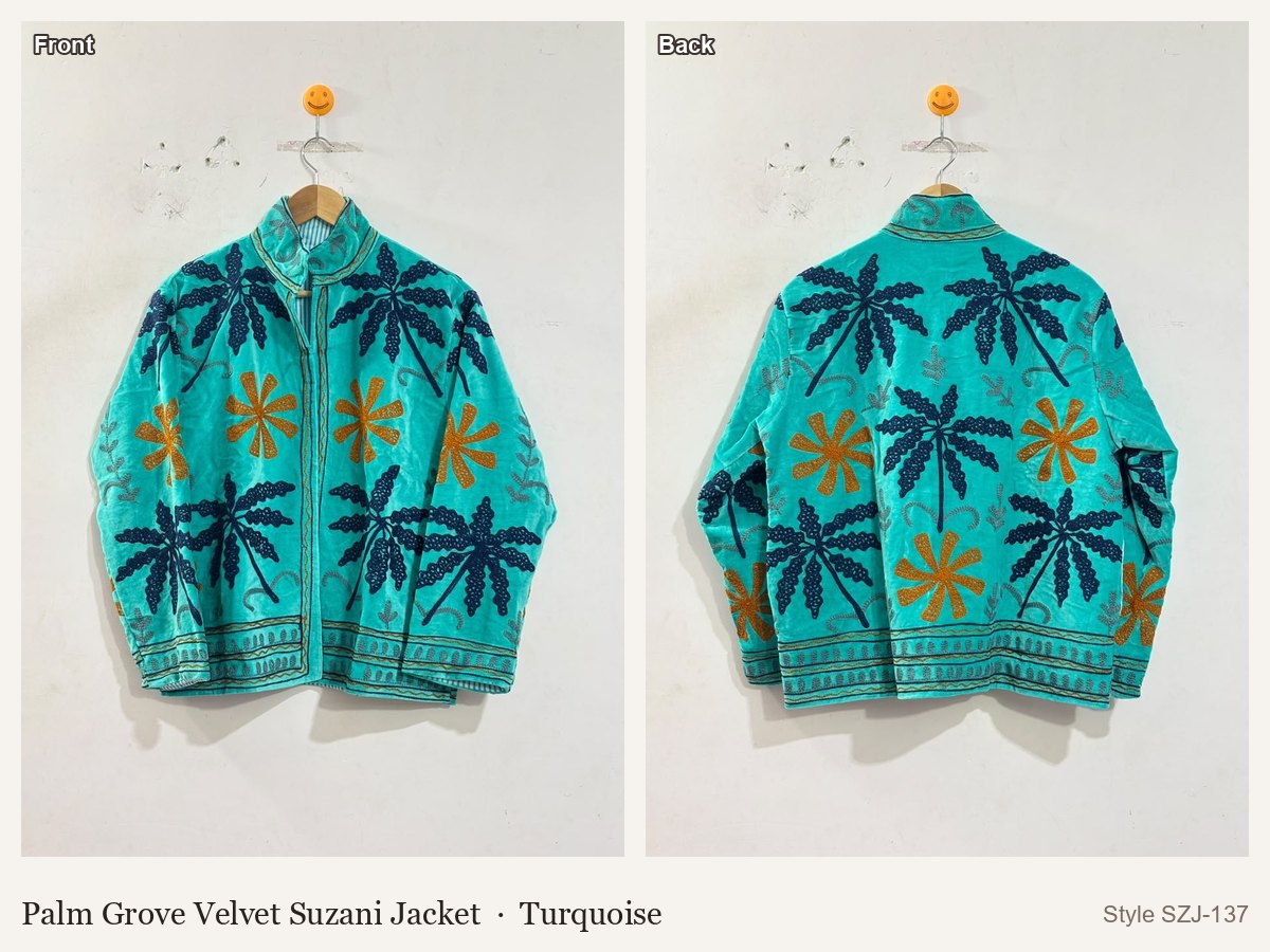 Palm Grove Velvet Suzani Jacket in Turquoise, front and back
