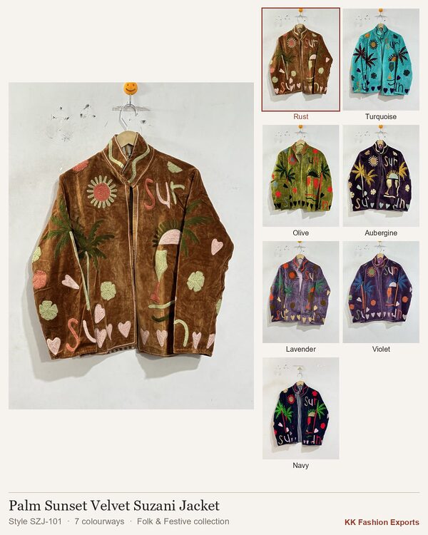 Palm Sunset Velvet Suzani Jacket, style SZJ-101, shown in 7 colourways