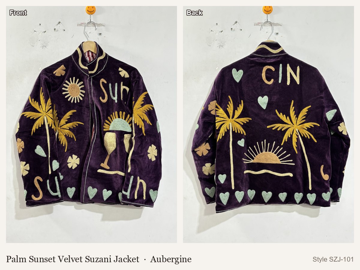 Palm Sunset Velvet Suzani Jacket in Aubergine, front and back