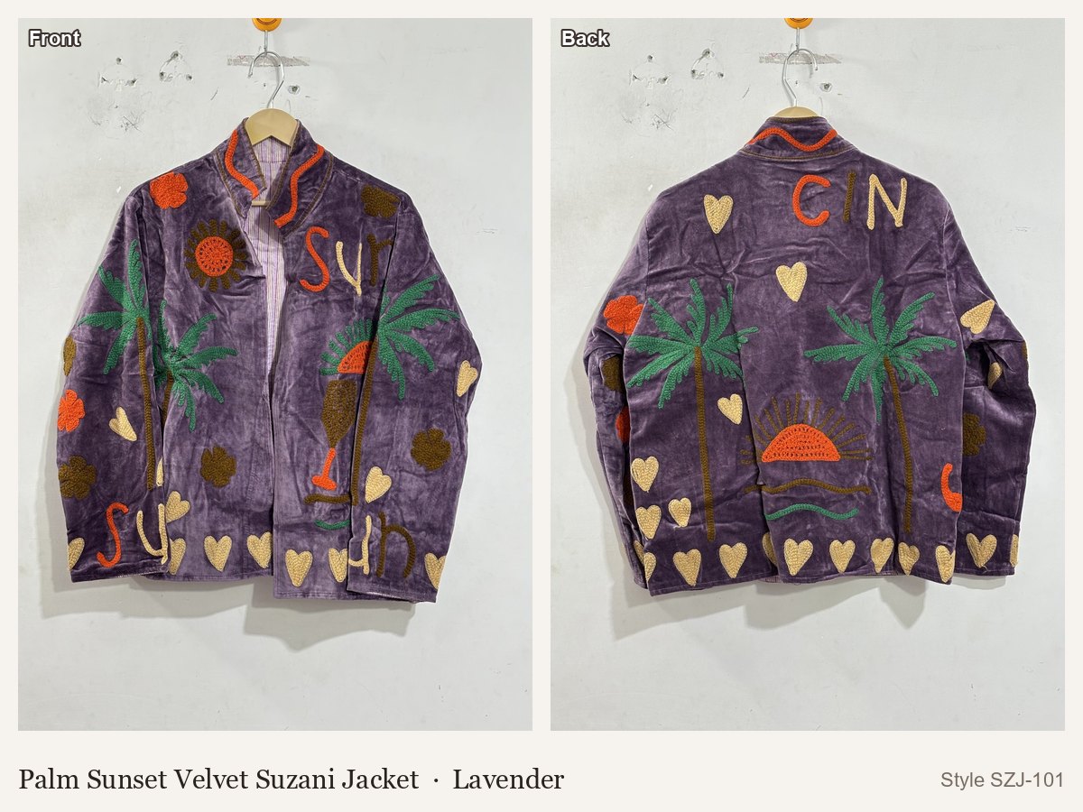 Palm Sunset Velvet Suzani Jacket in Lavender, front and back