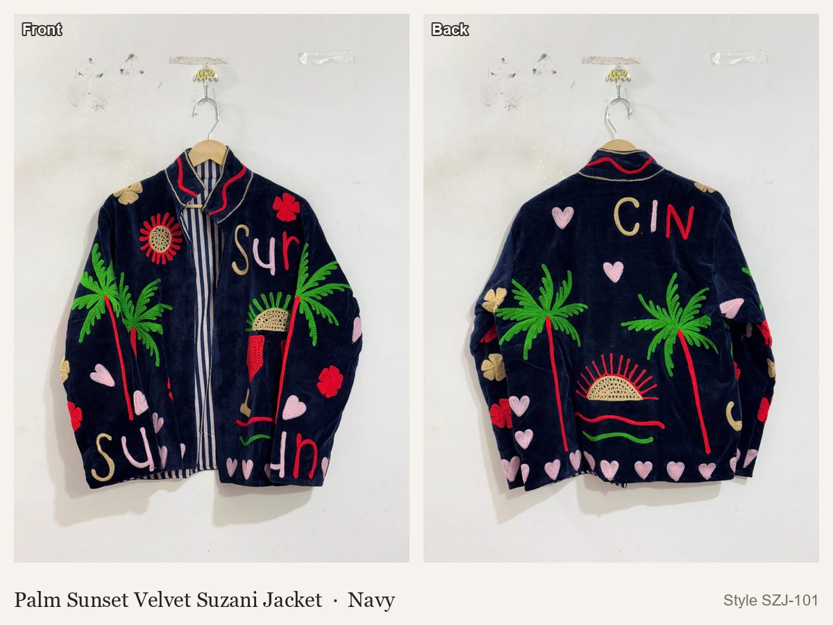 Palm Sunset Velvet Suzani Jacket in Navy, front and back