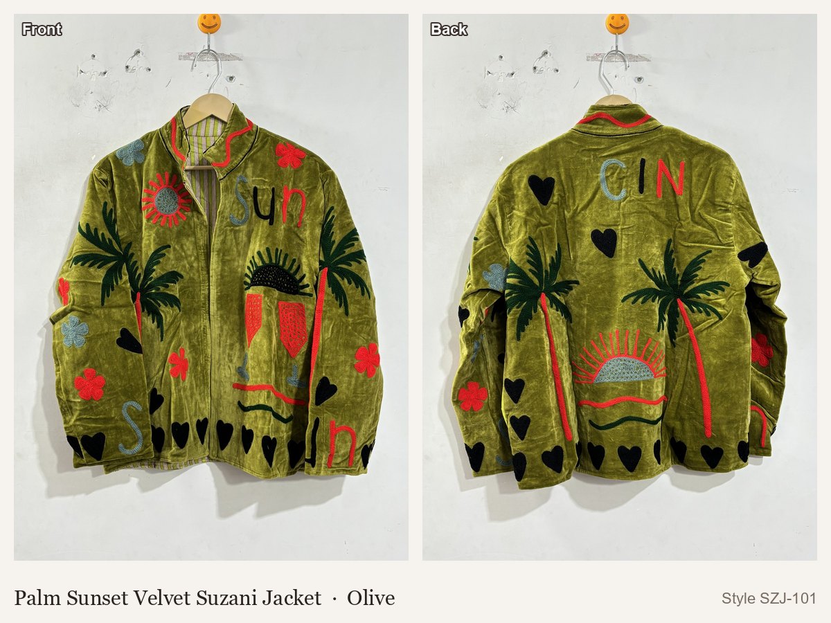Palm Sunset Velvet Suzani Jacket in Olive, front and back