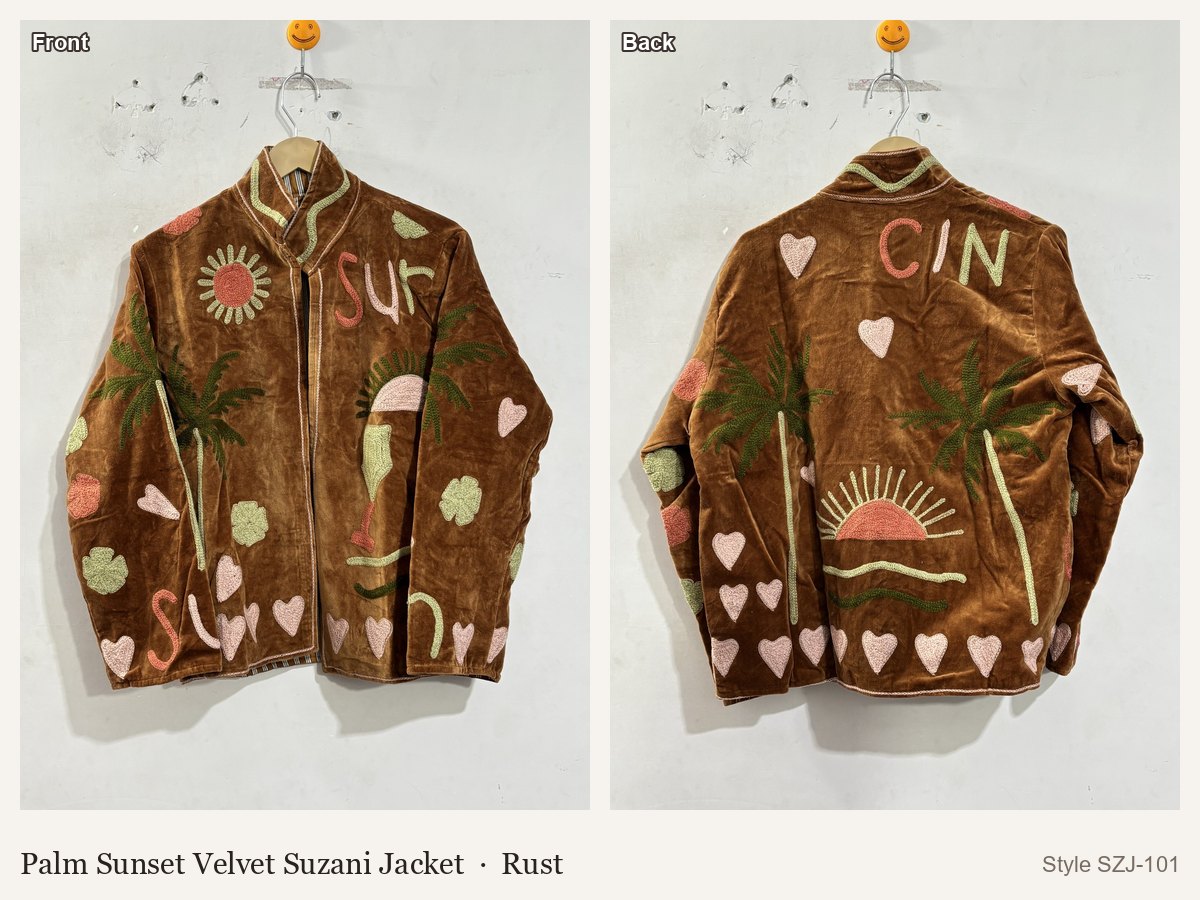 Palm Sunset Velvet Suzani Jacket in Rust, front and back