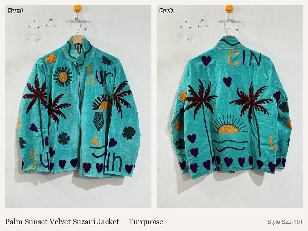 Palm Sunset Velvet Suzani Jacket in Turquoise, front and back