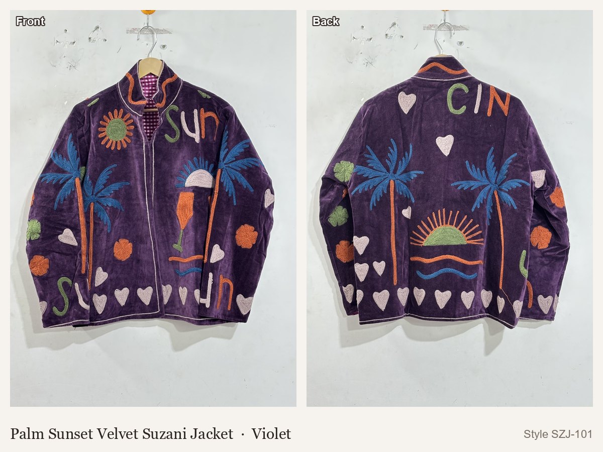 Palm Sunset Velvet Suzani Jacket in Violet, front and back