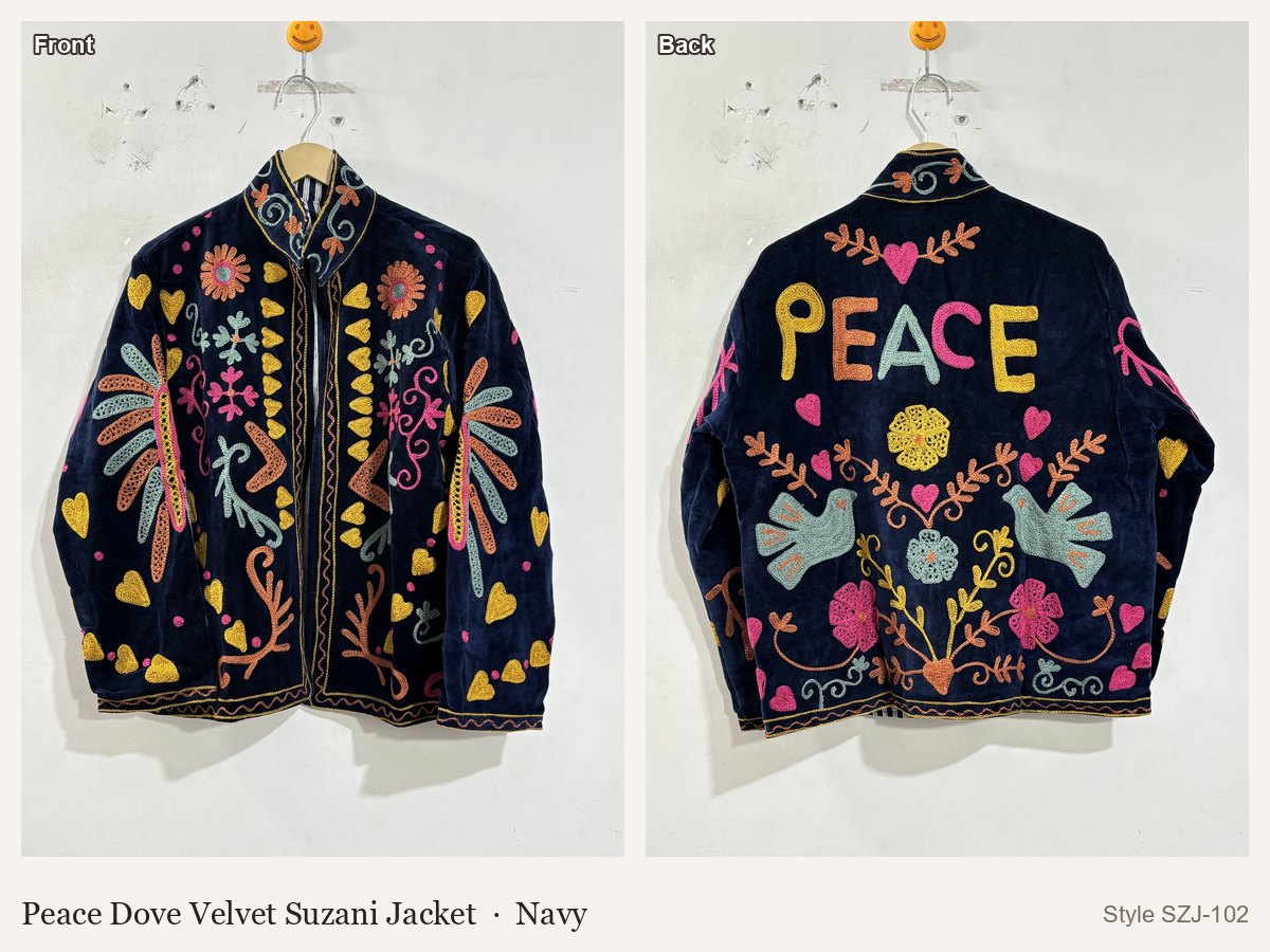 Peace Dove Velvet Suzani Jacket in Navy, front and back