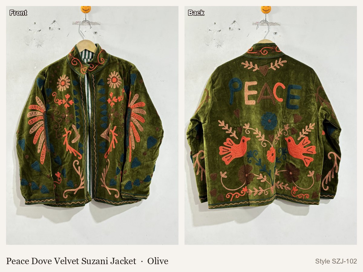 Peace Dove Velvet Suzani Jacket in Olive, front and back