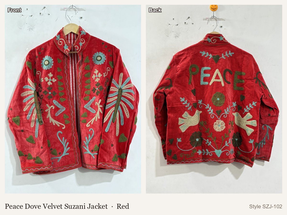 Peace Dove Velvet Suzani Jacket in Red, front and back