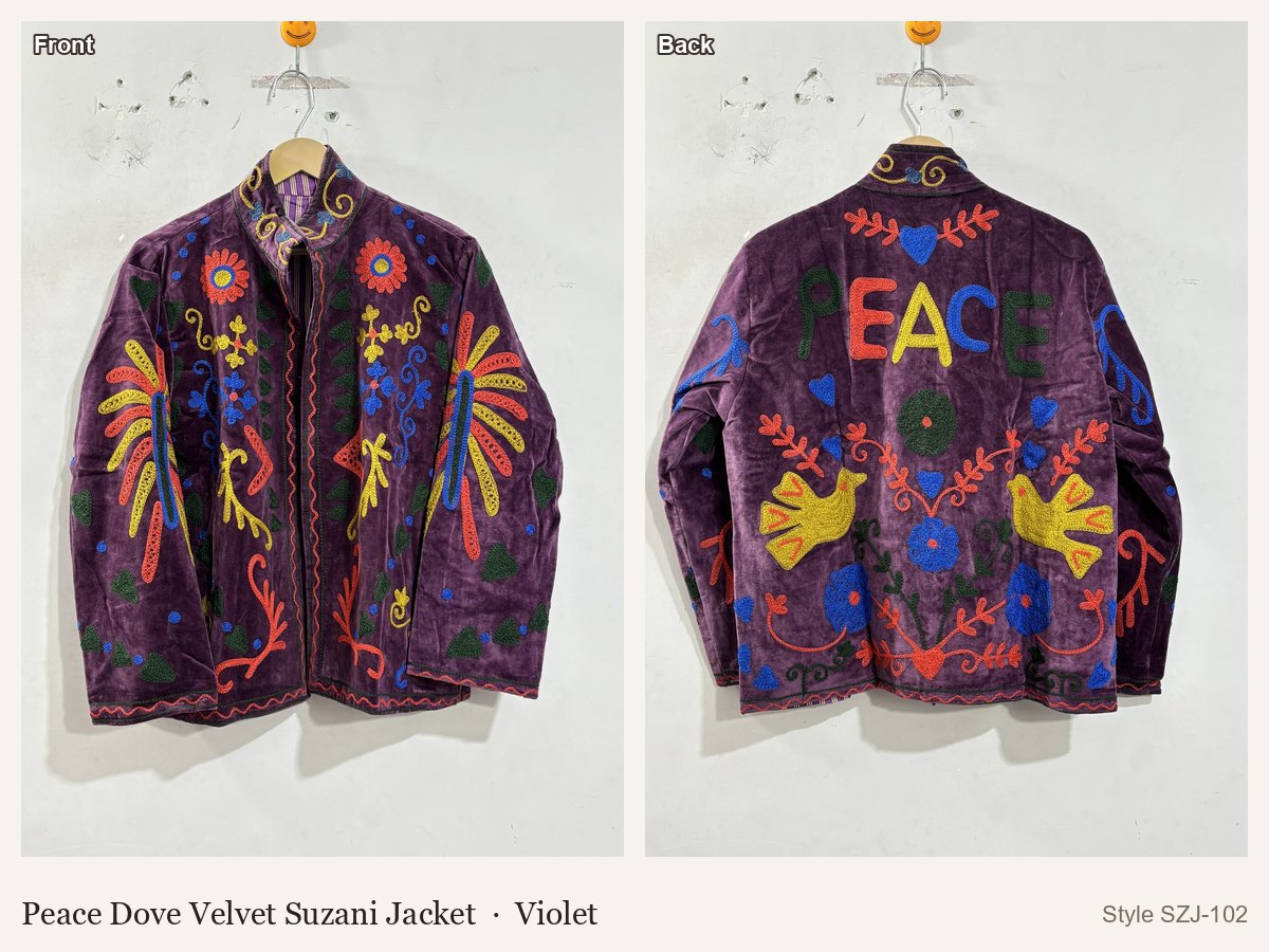 Peace Dove Velvet Suzani Jacket in Violet, front and back