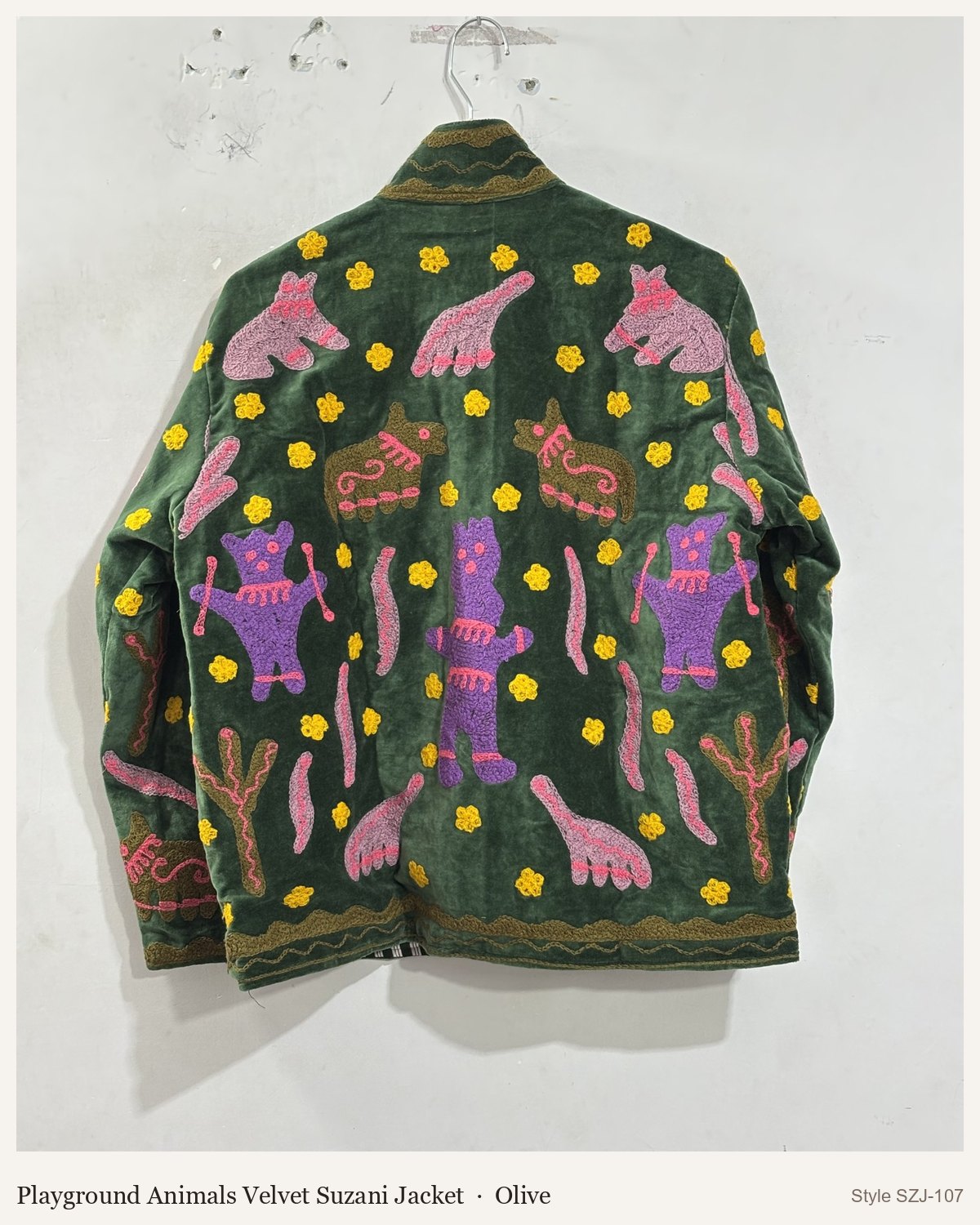 Playground Animals Velvet Suzani Jacket in Olive, front and back