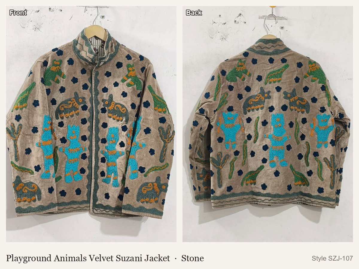 Playground Animals Velvet Suzani Jacket in Stone, front and back