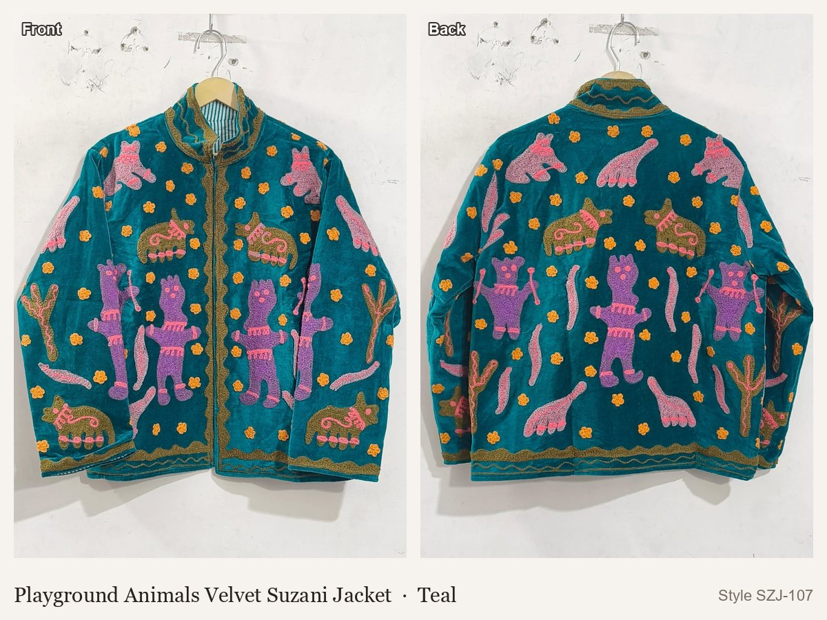 Playground Animals Velvet Suzani Jacket in Teal, front and back