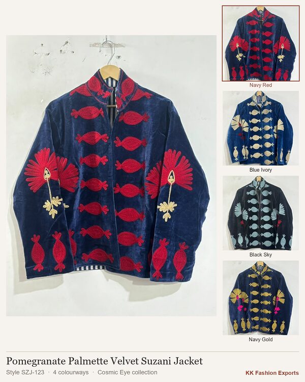 Pomegranate Palmette Velvet Suzani Jacket, style SZJ-123, shown in 4 colourways