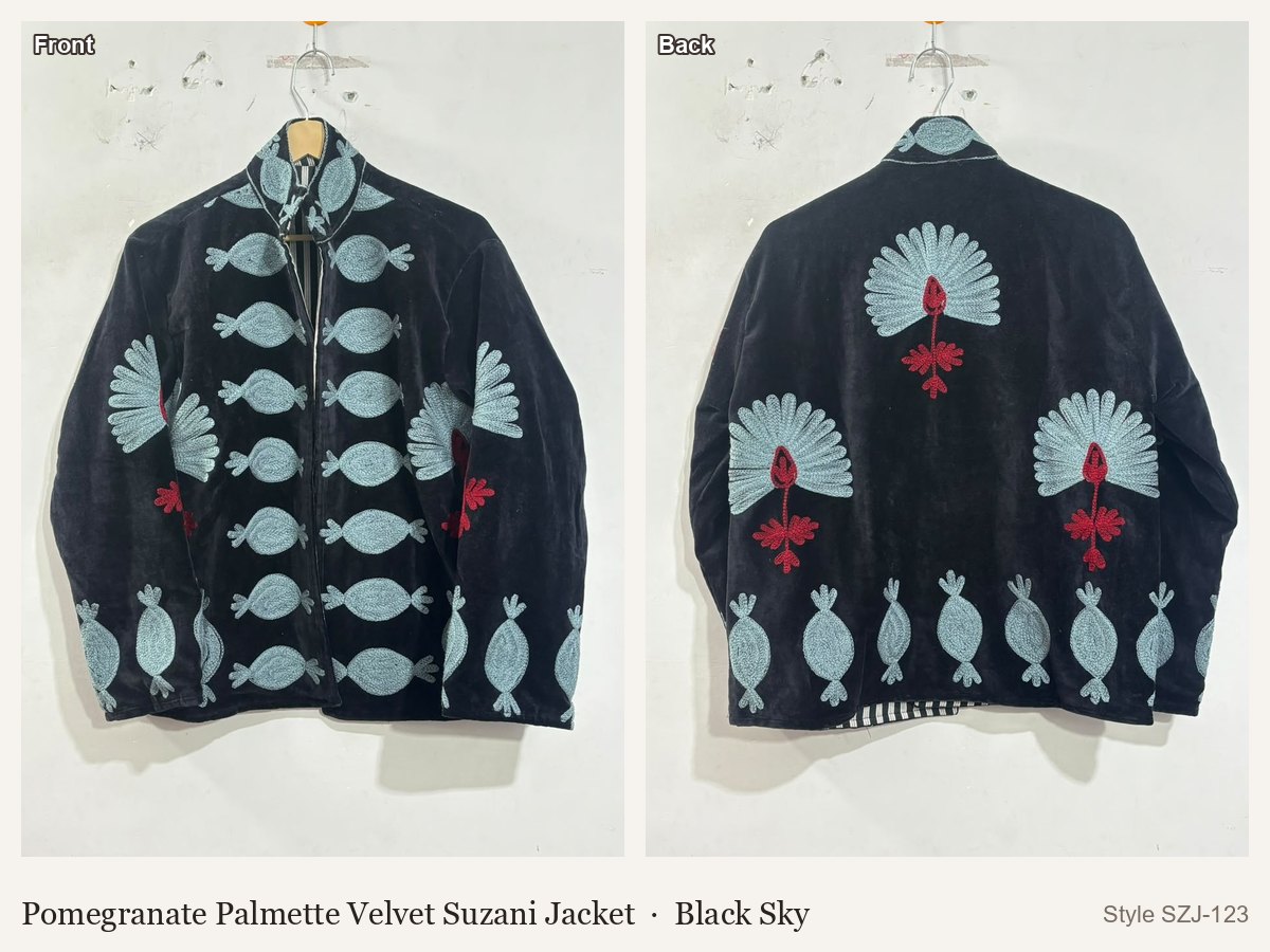 Pomegranate Palmette Velvet Suzani Jacket in Black Sky, front and back