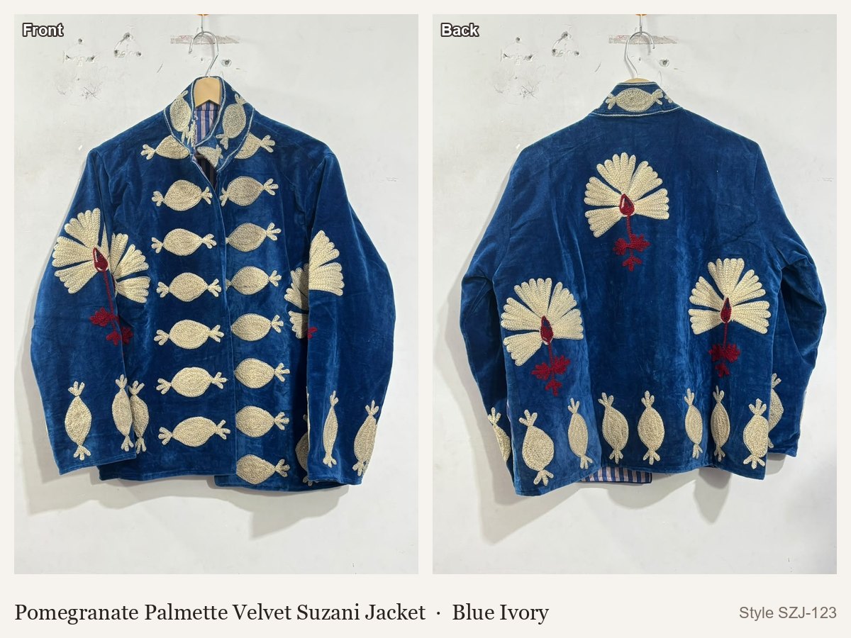 Pomegranate Palmette Velvet Suzani Jacket in Blue Ivory, front and back