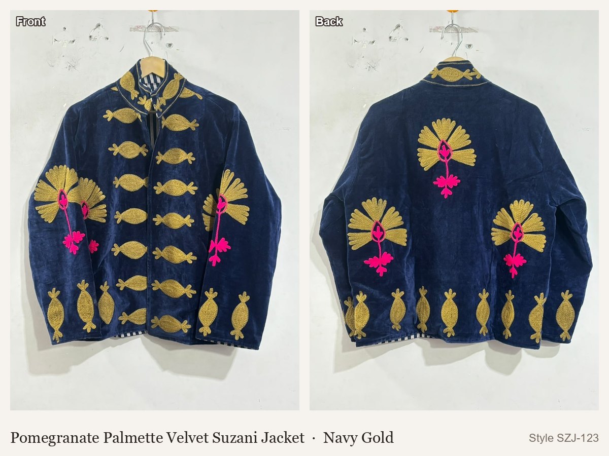 Pomegranate Palmette Velvet Suzani Jacket in Navy Gold, front and back